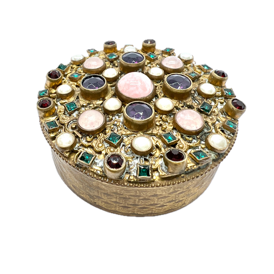 Early 1900s Antique Gilt Metal Jeweled Trinket Box.