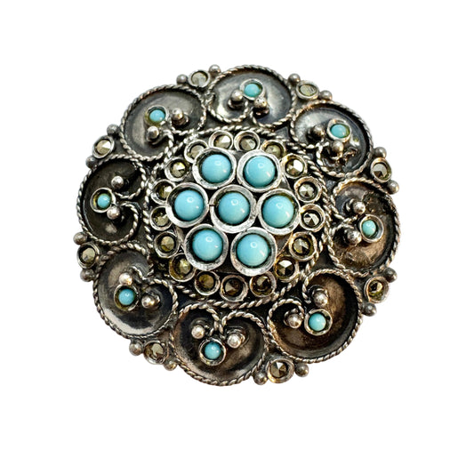Greece. Vintage Solid Silver Turquoise Marcasite Brooch Pendant.