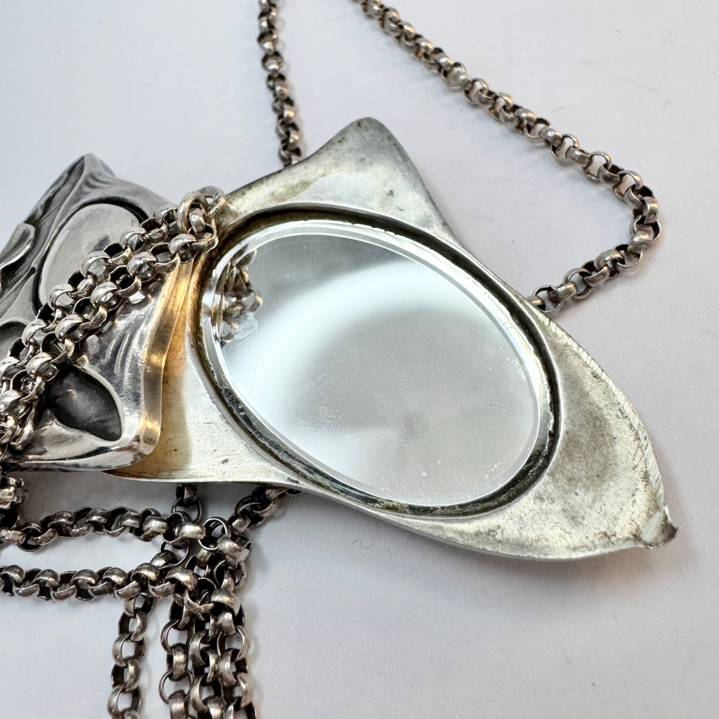 Germany Antique ca 1910 Art Nouveau Solid Silver Double Mirror Large Pendant Necklace.