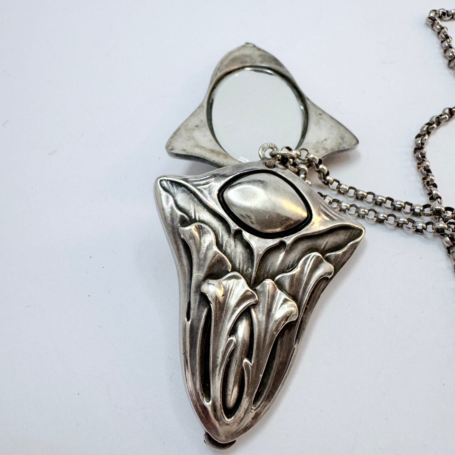 Germany Antique ca 1910 Art Nouveau Solid Silver Double Mirror Large Pendant Necklace.