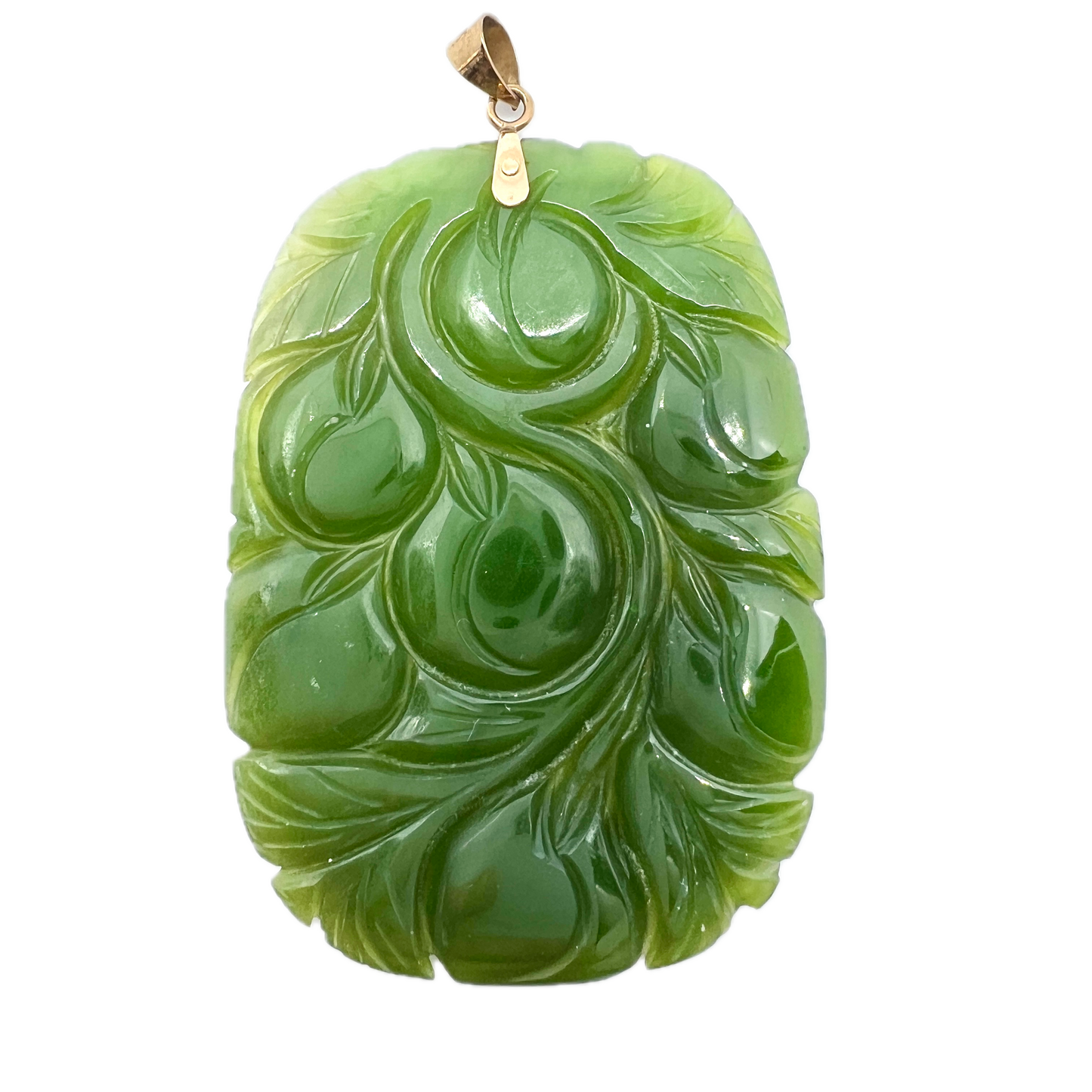 China. Vintage 18k Gold Carved Jade Large Pendant.