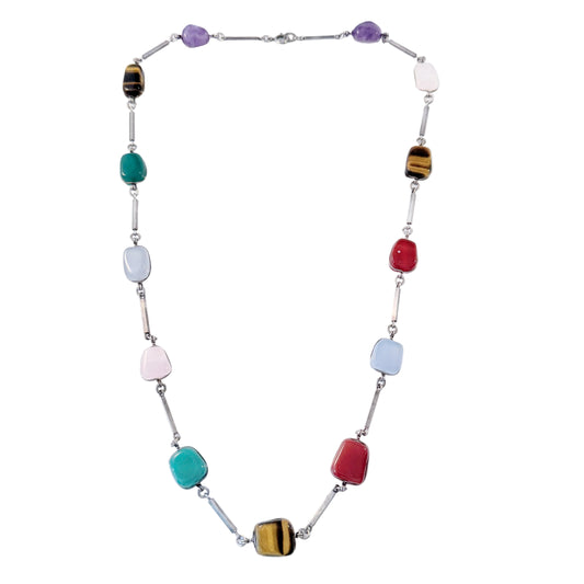Vintage c 1960s Solid Silver Multi Stone Necklace.
