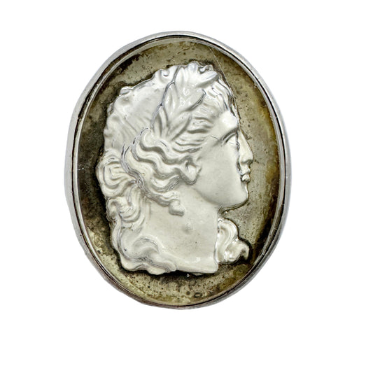 Anna Östergren, Sweden 1911. Antique Silver Reversed Carved Glass Portrait Brooch.