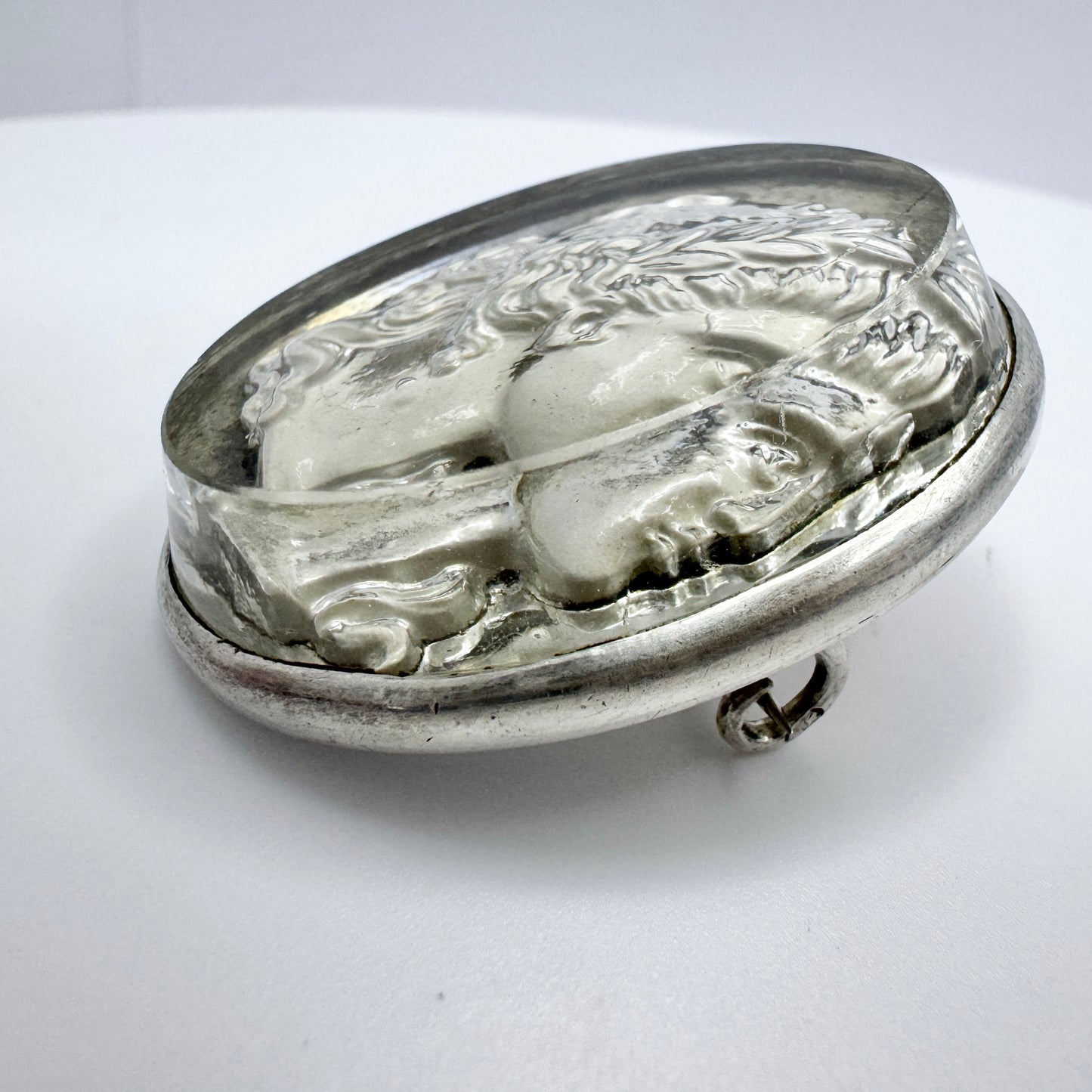 Anna Östergren, Sweden 1911. Antique Silver Reversed Carved Glass Portrait Brooch.