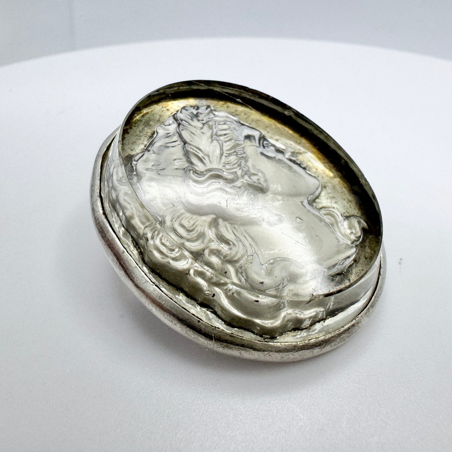 Anna Östergren, Sweden 1911. Antique Silver Reversed Carved Glass Portrait Brooch.