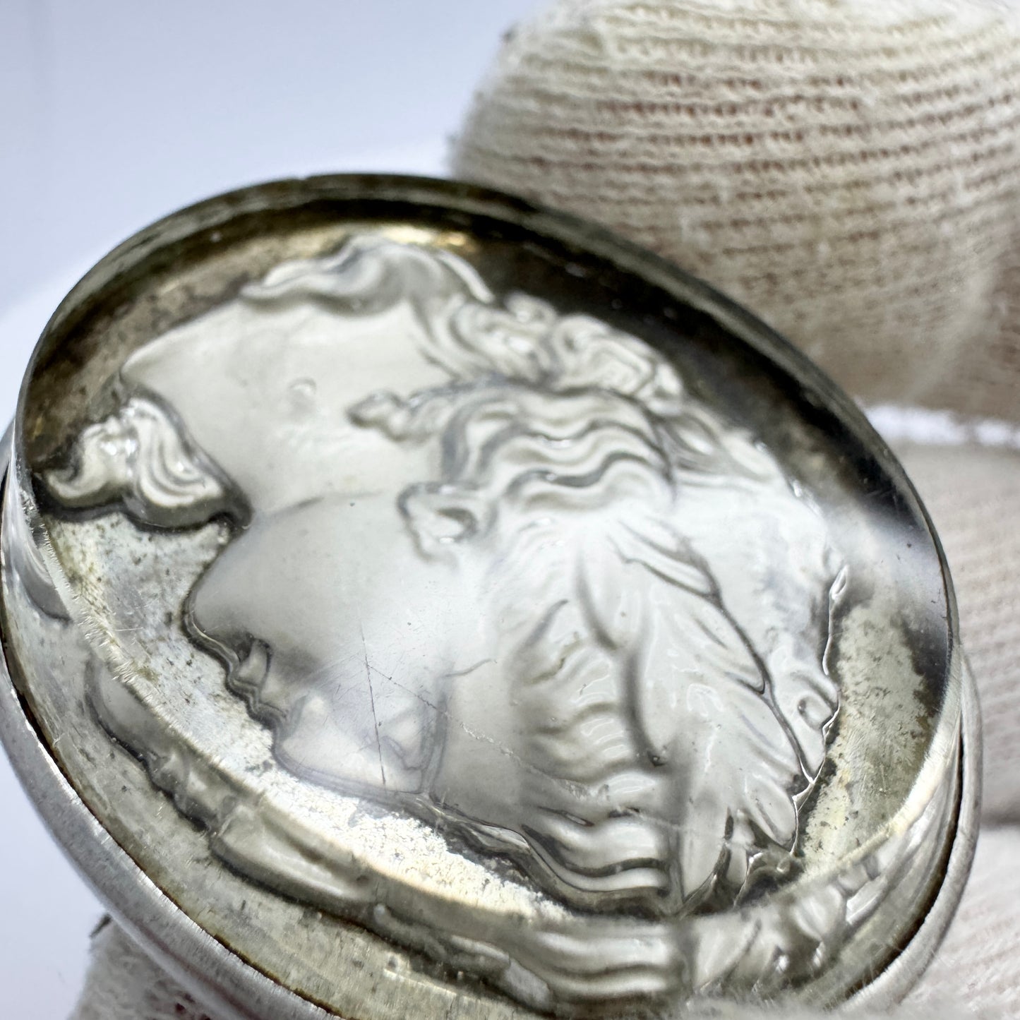 Anna Östergren, Sweden 1911. Antique Silver Reversed Carved Glass Portrait Brooch.