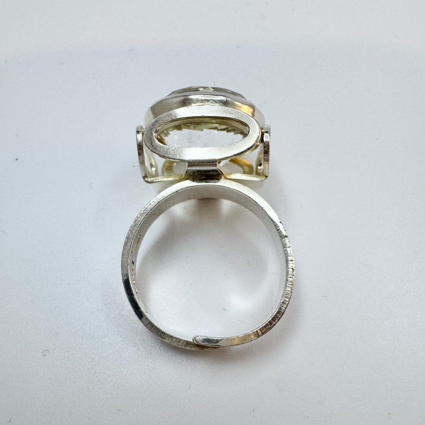 Ekström, Sweden 1973. Vintage Sterling Silver Rock Crystal Adjustable Size Ring.