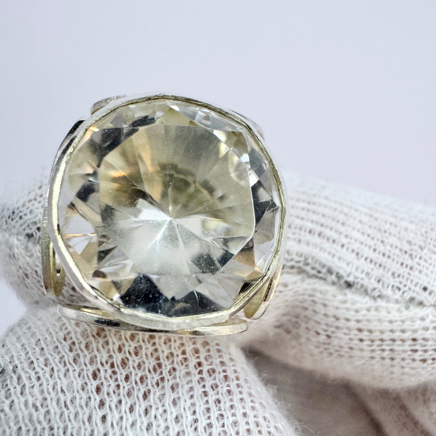 Ekström, Sweden 1973. Vintage Sterling Silver Rock Crystal Adjustable Size Ring.