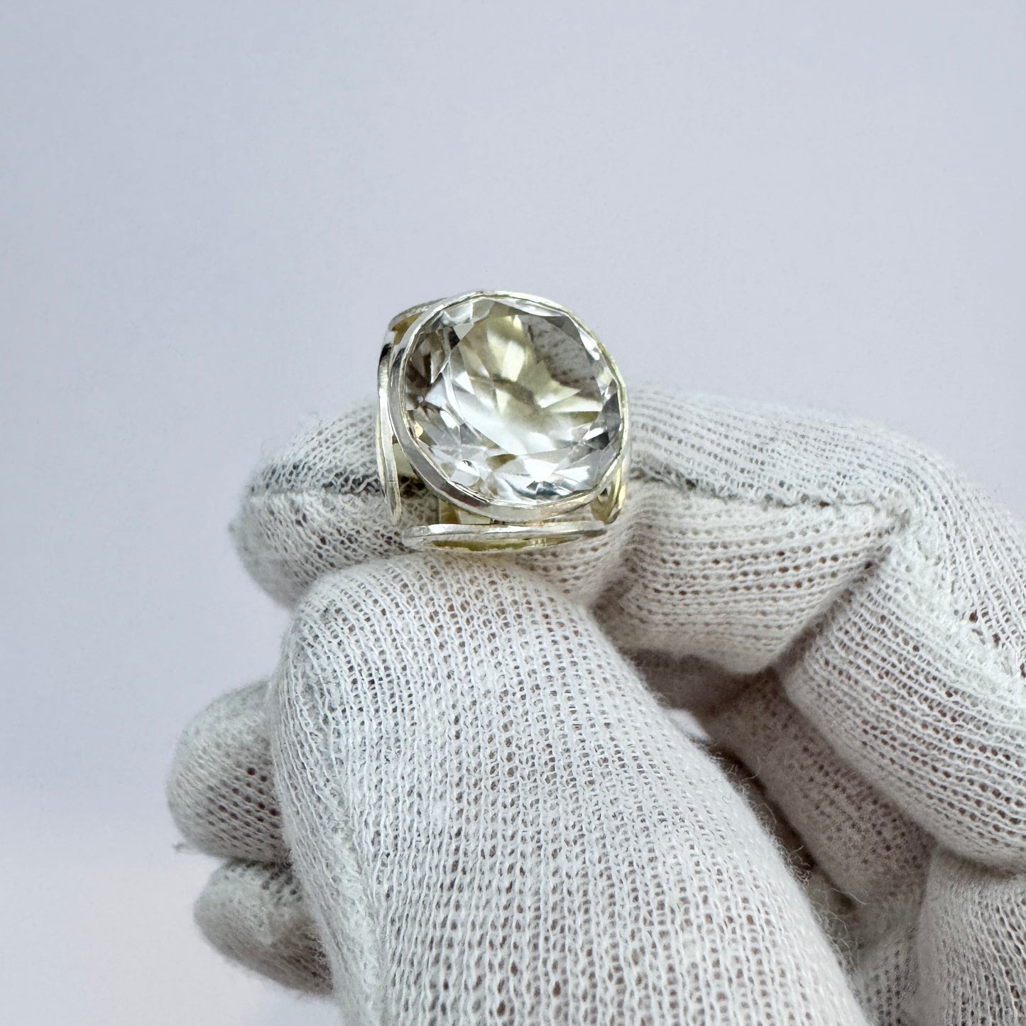 Ekström, Sweden 1973. Vintage Sterling Silver Rock Crystal Adjustable Size Ring.