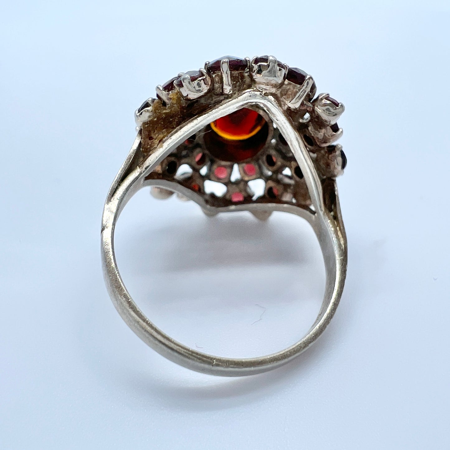 Vintage Solid Silver Bohemian Garnet Cluster Ring.