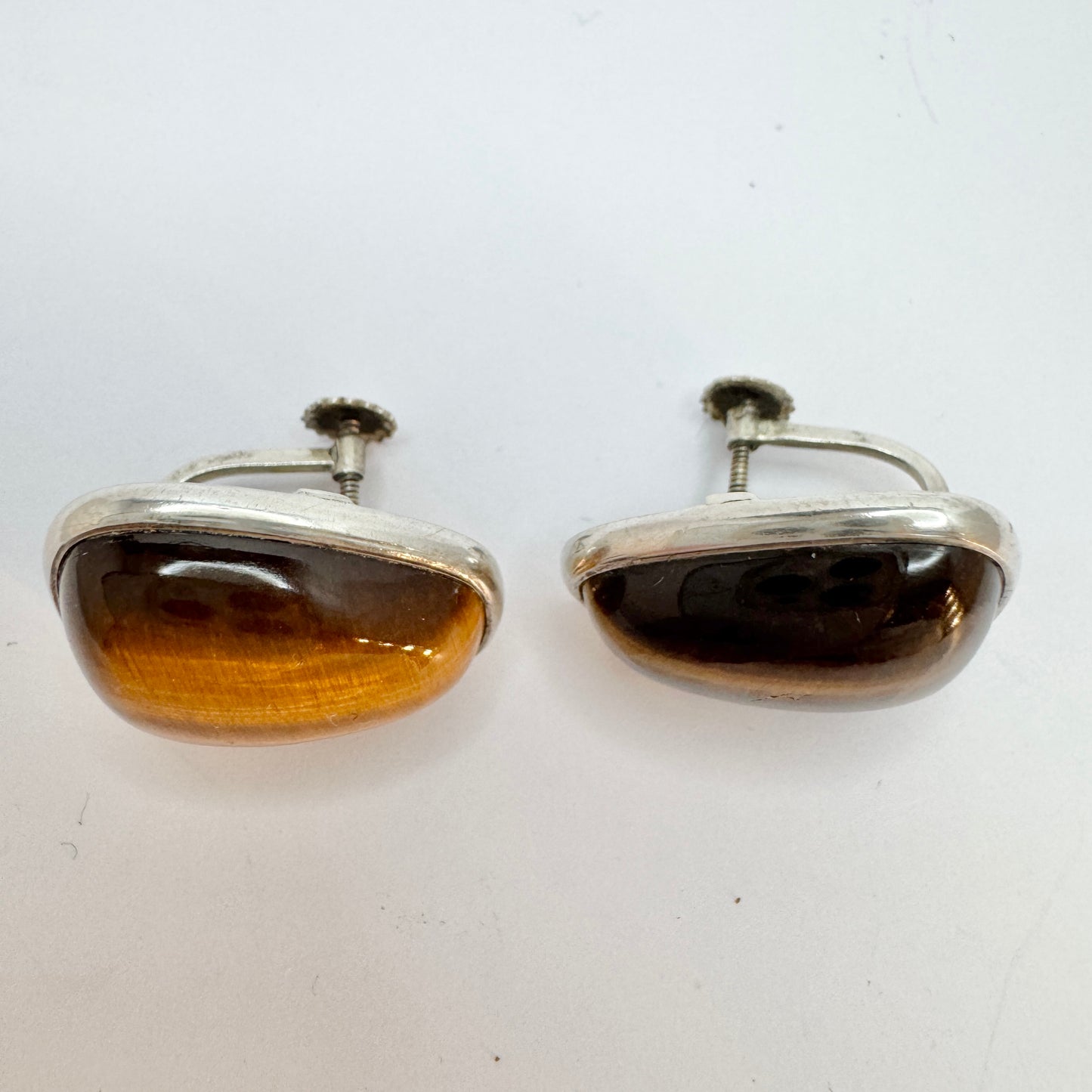 Vintage c 1960 Solid Silver Tiger's Eye Earrings.