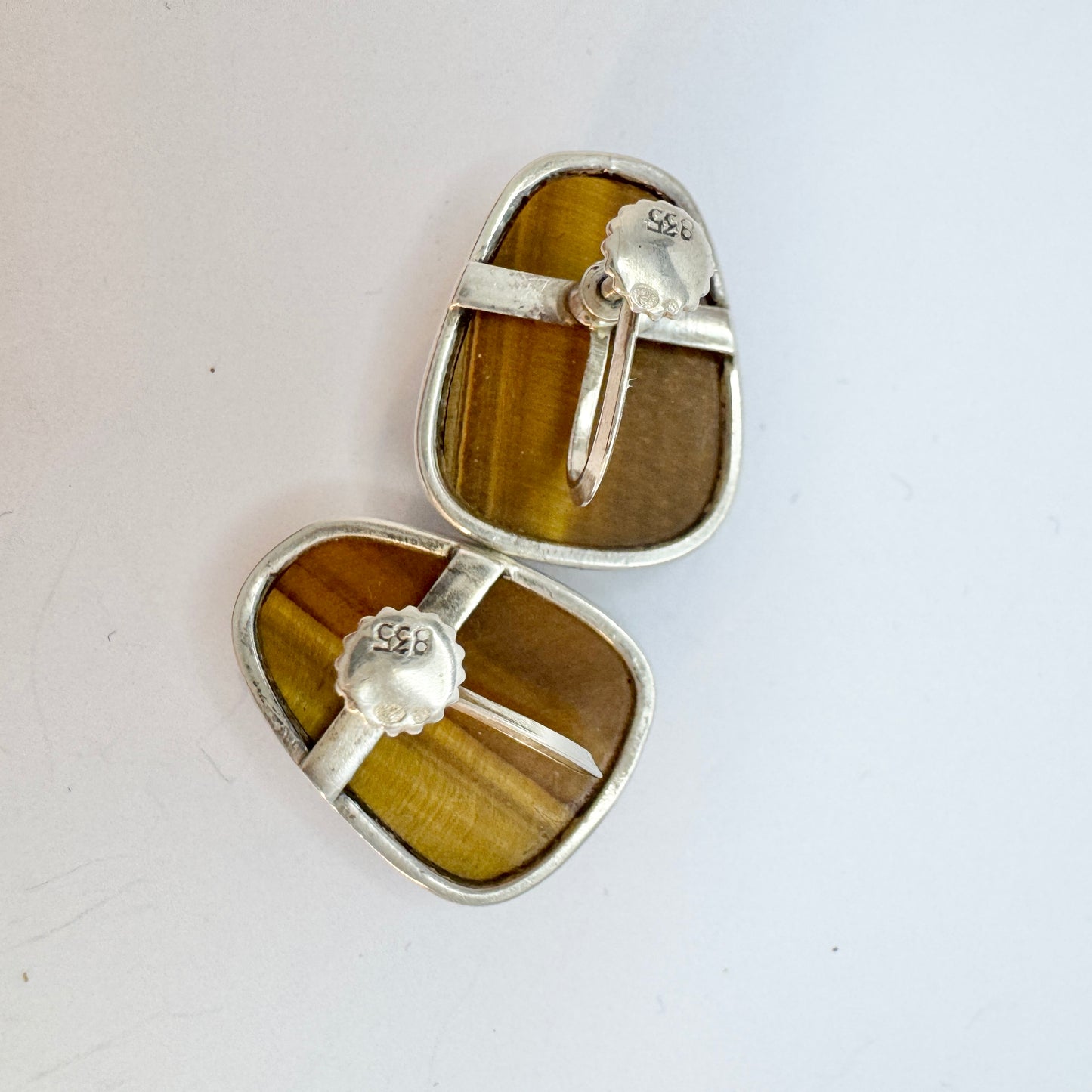 Vintage c 1960 Solid Silver Tiger's Eye Earrings.