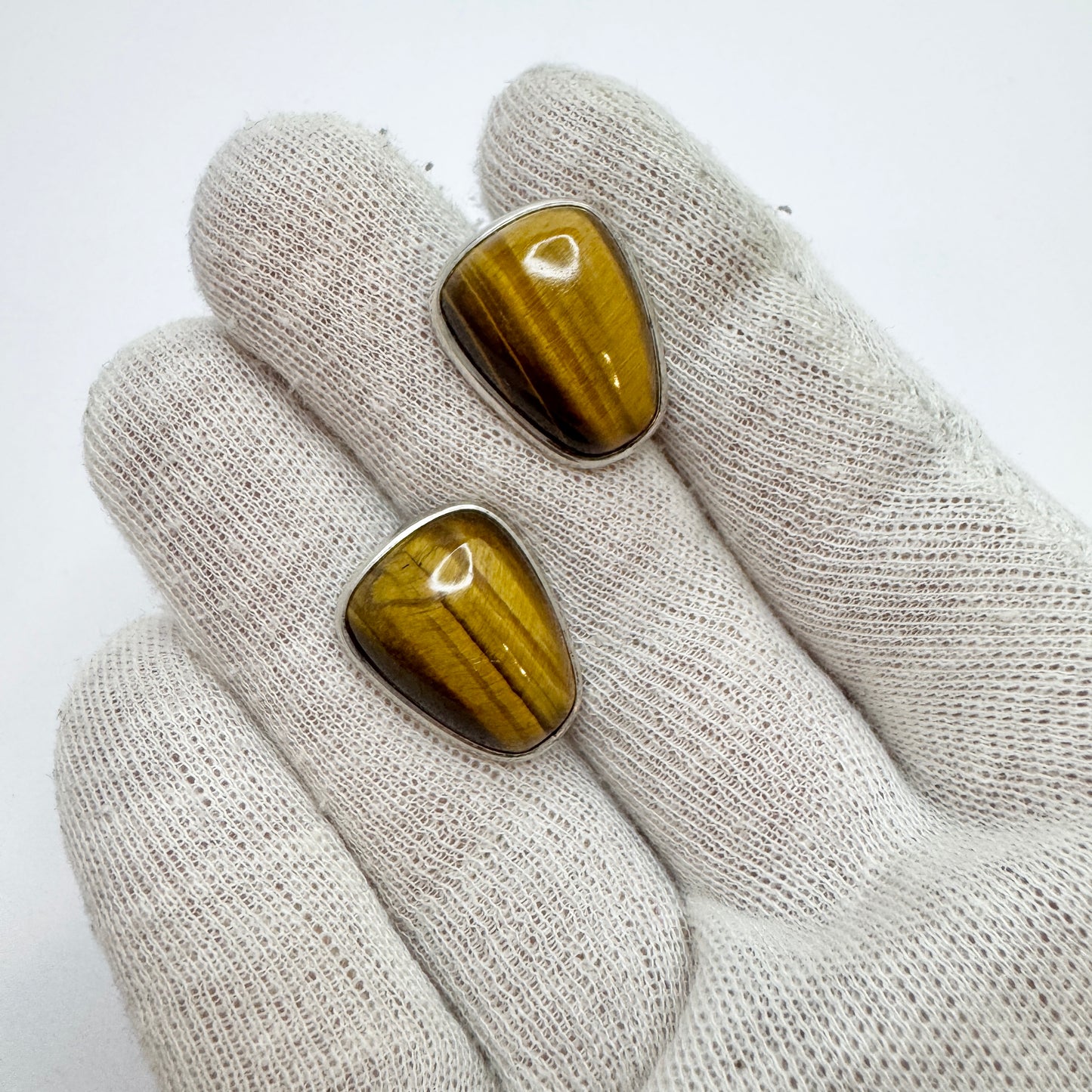 Vintage c 1960 Solid Silver Tiger's Eye Earrings.