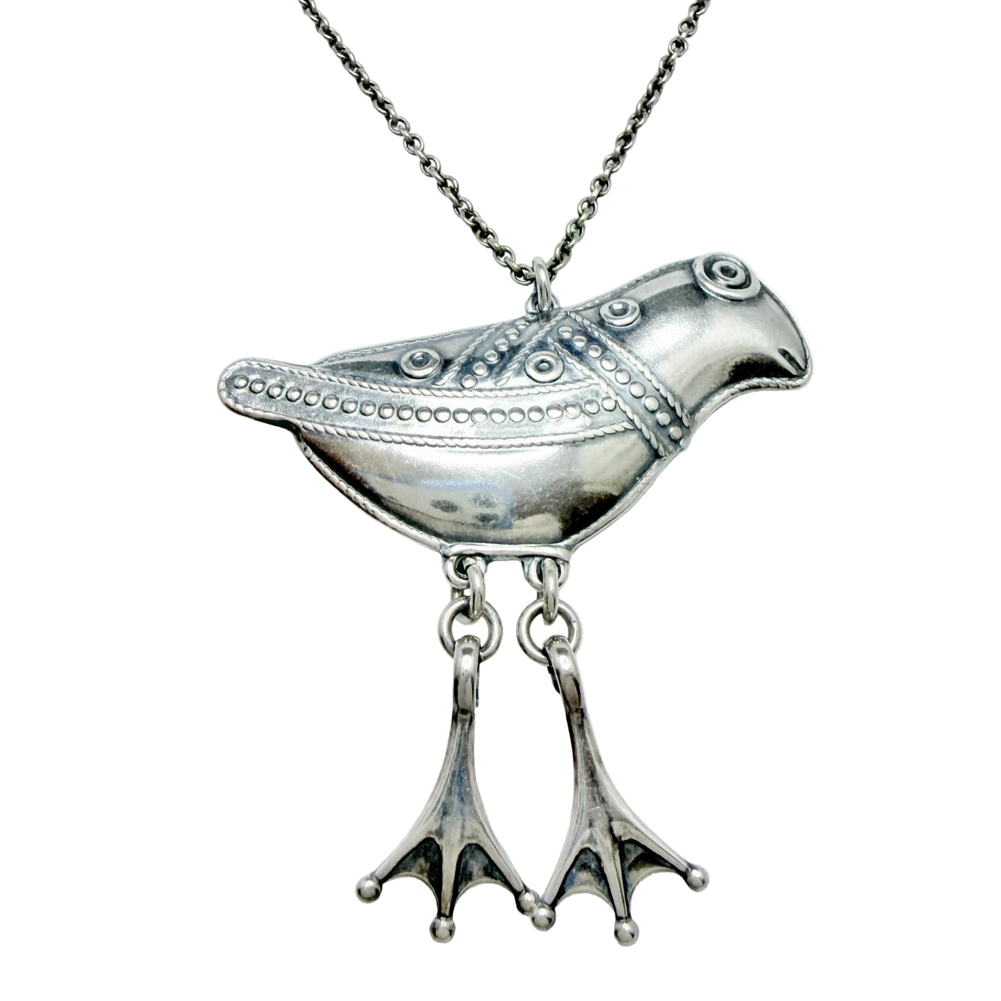 Kalevala Koru, Finland. Large Vintage Sterling Silver Bird Pendant Long Chain Necklace.