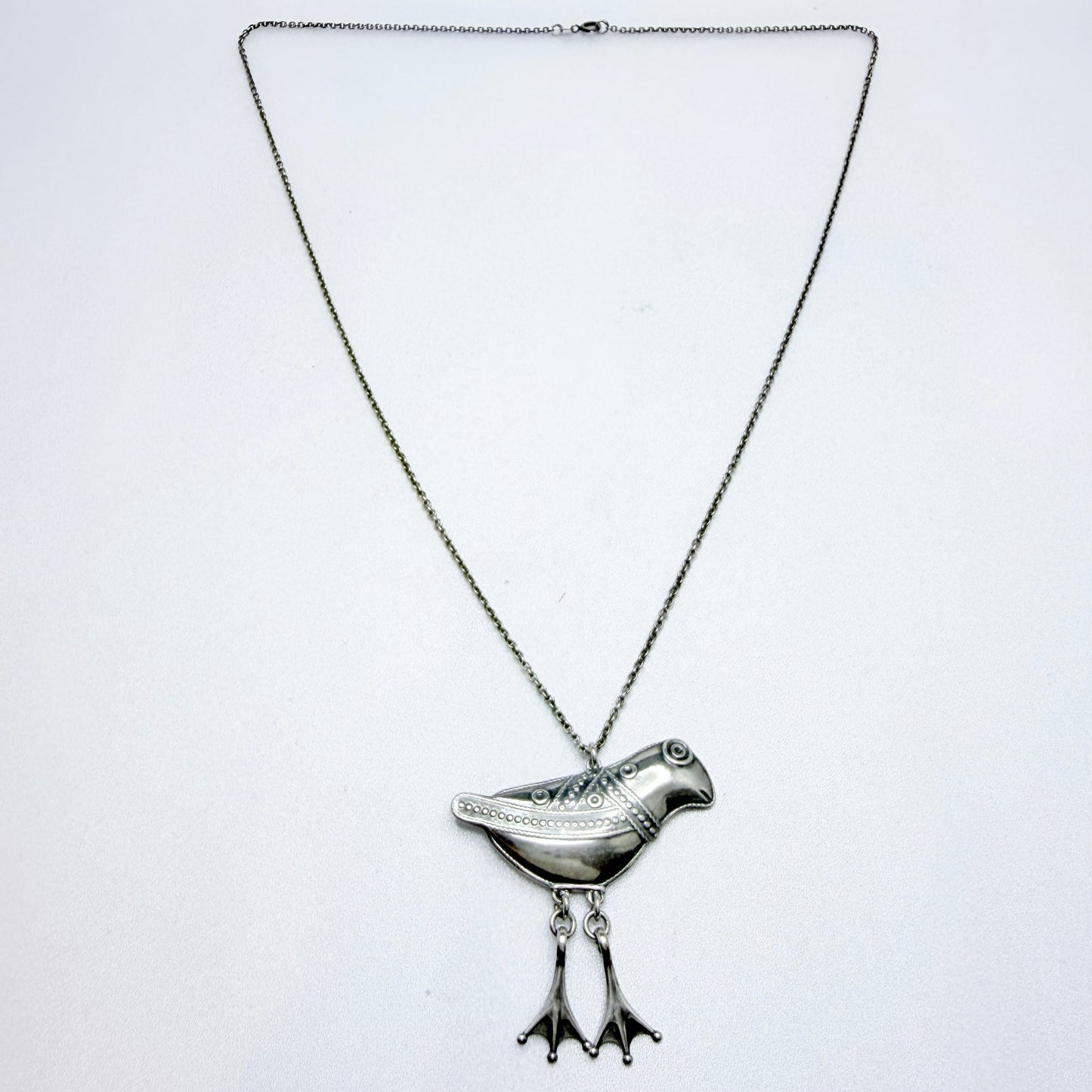 Kalevala Koru, Finland. Large Vintage Sterling Silver Bird Pendant Long Chain Necklace.