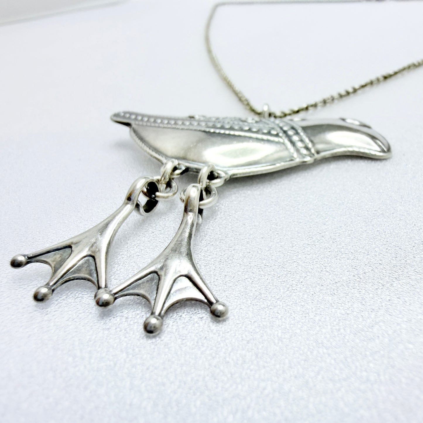 Kalevala Koru, Finland. Large Vintage Sterling Silver Bird Pendant Long Chain Necklace.