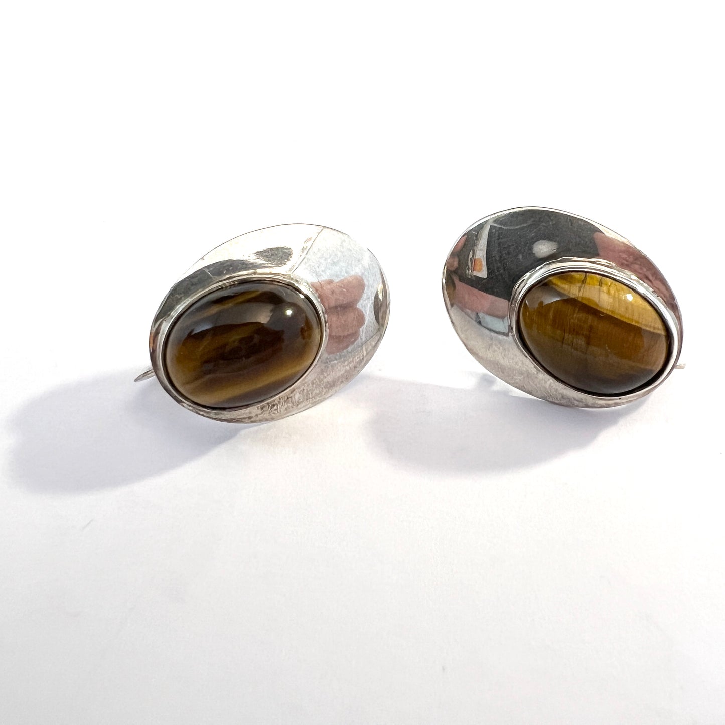 GUSSI, Sweden 1957. Vintage Mid-century Sterling Silver Tiger's Eye Earrings.