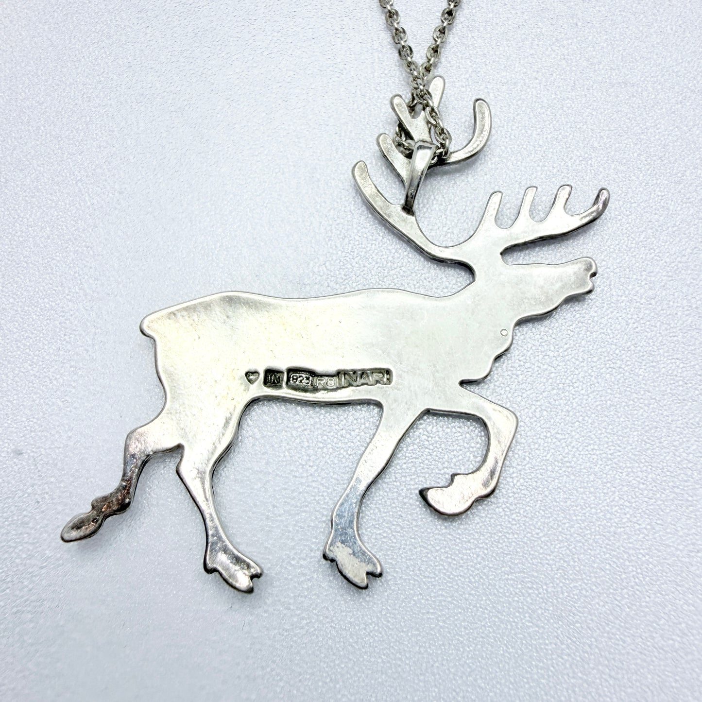 INARI, Finland 1994. Vintage Sterling Silver Reindeer Pendant Necklace.
