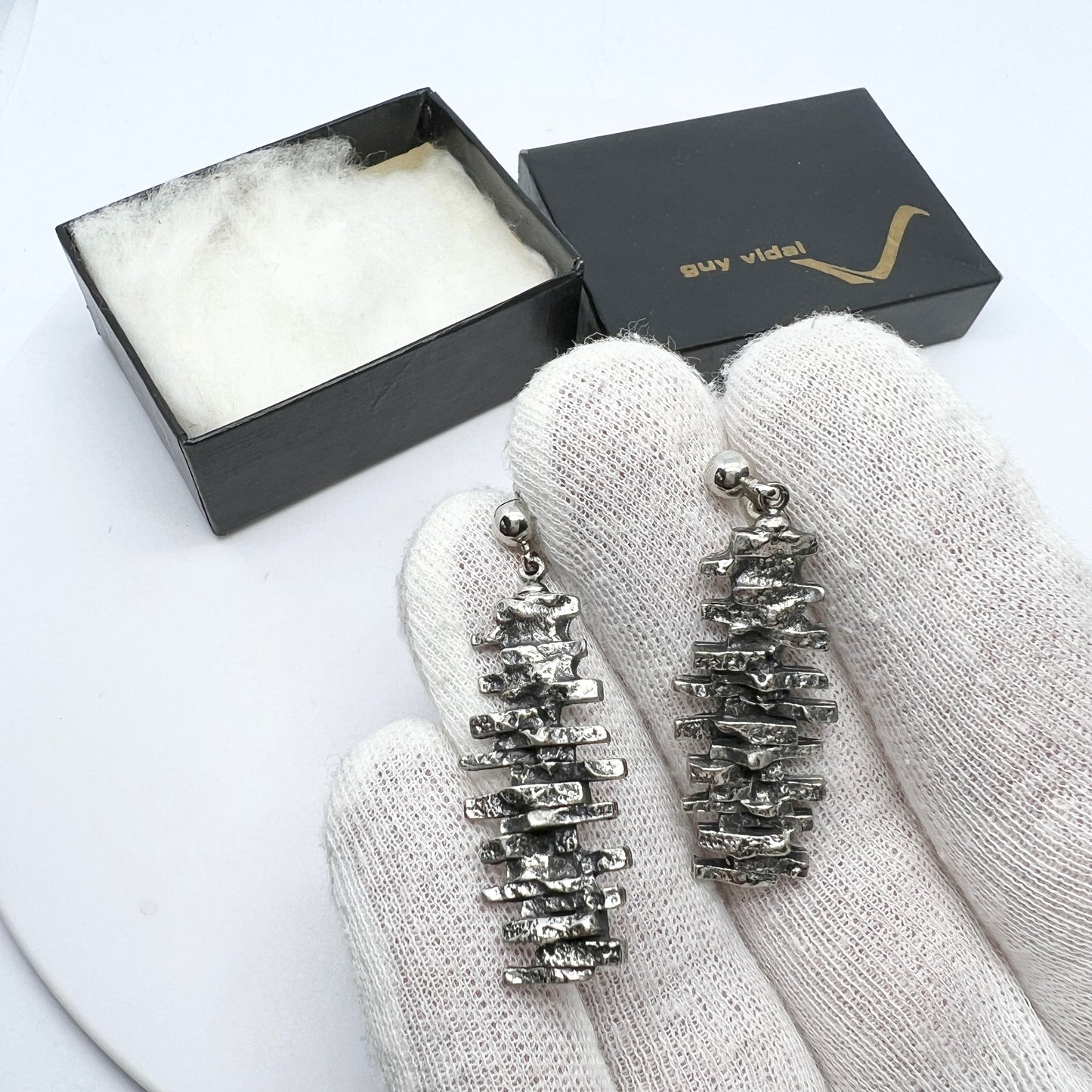 Guy Vidal, Canada. Vintage Modernist Pewter Earrings. Boxed.