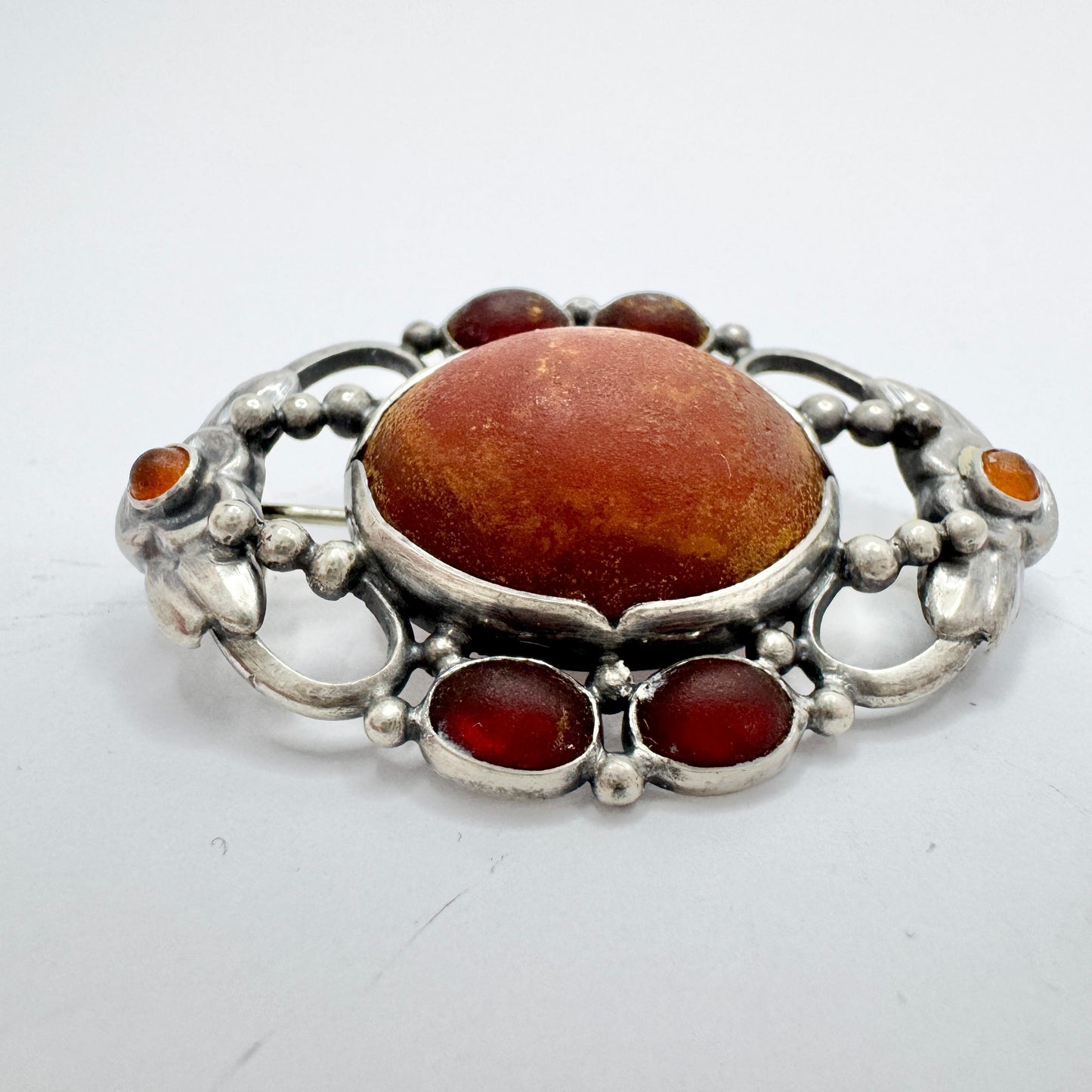 Fritiof Persson, Sweden 1914. Antique Arts & Crafts Solid Silver Amber Brooch.