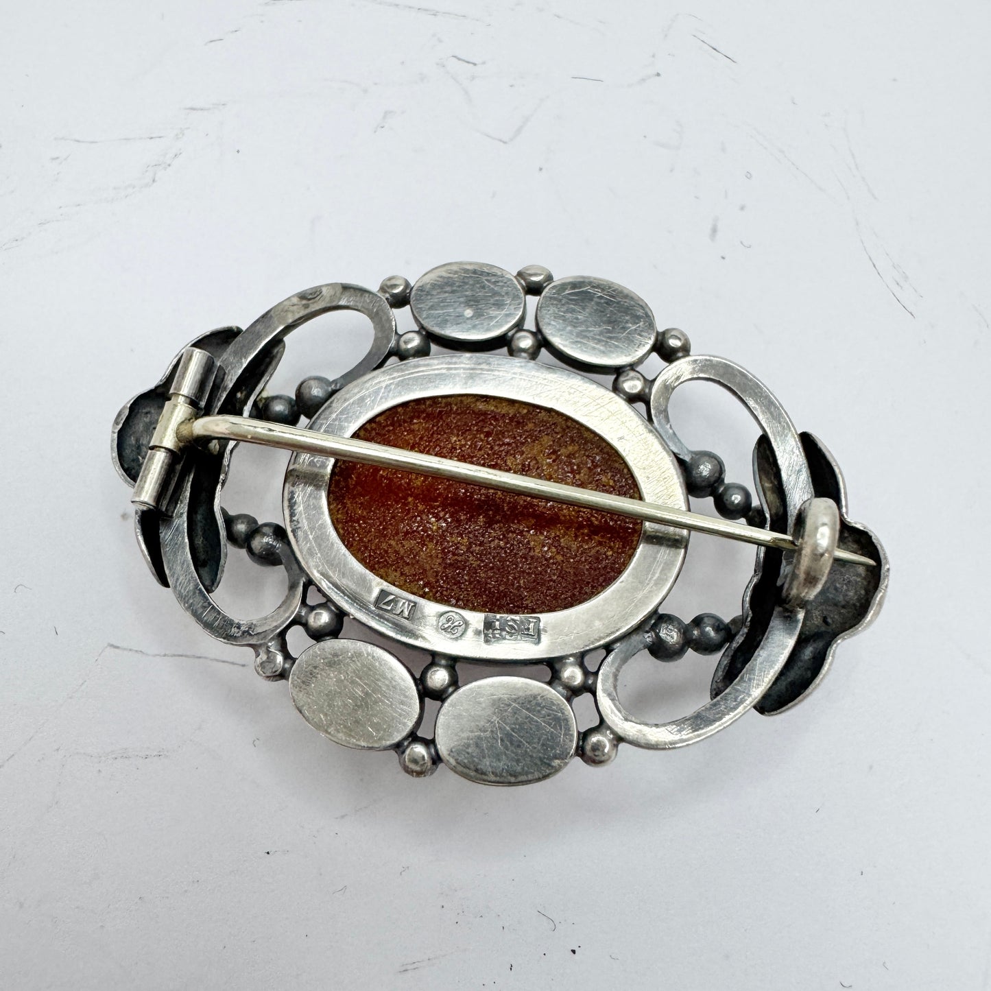 Fritiof Persson, Sweden 1914. Antique Arts & Crafts Solid Silver Amber Brooch.