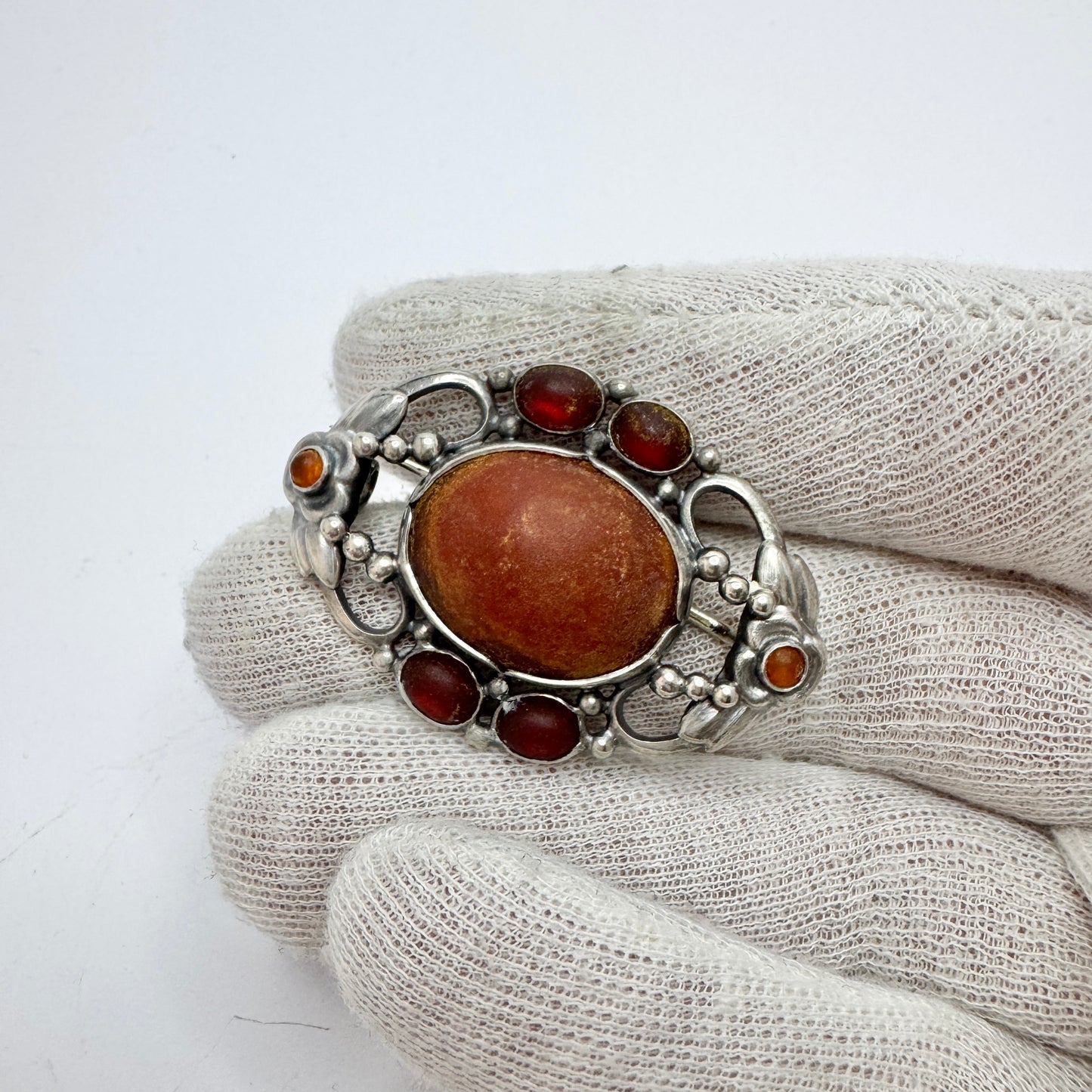 Fritiof Persson, Sweden 1914. Antique Arts & Crafts Solid Silver Amber Brooch.
