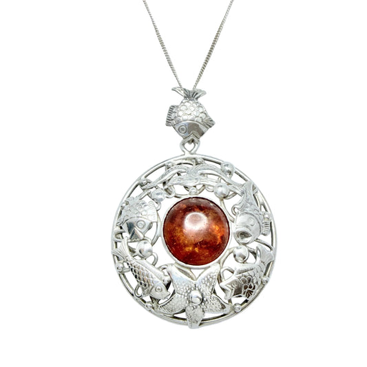 Fischlandschmuck Georg Kramer. Vintage Solid Silver Amber Sea Life Pendant + Chain.