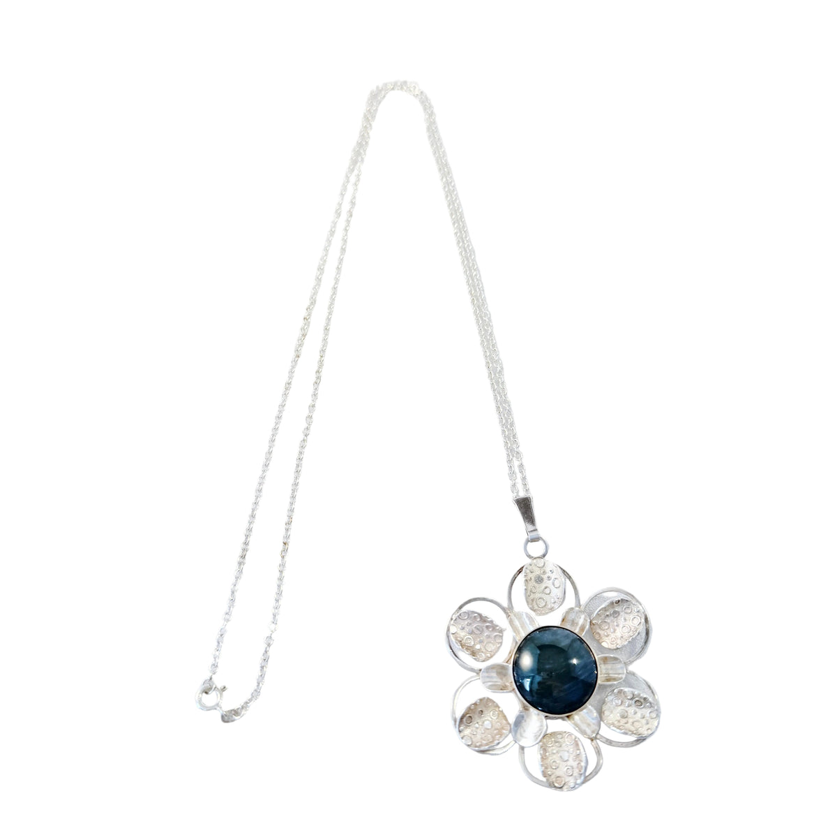 Sweden 1970s. Vintage Solid Silver Bergslagen-stone Pendant Long Chain Necklace.