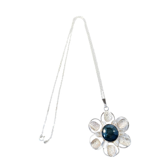 Sweden 1970s. Vintage Solid Silver Bergslagen-stone Pendant Long Chain Necklace.