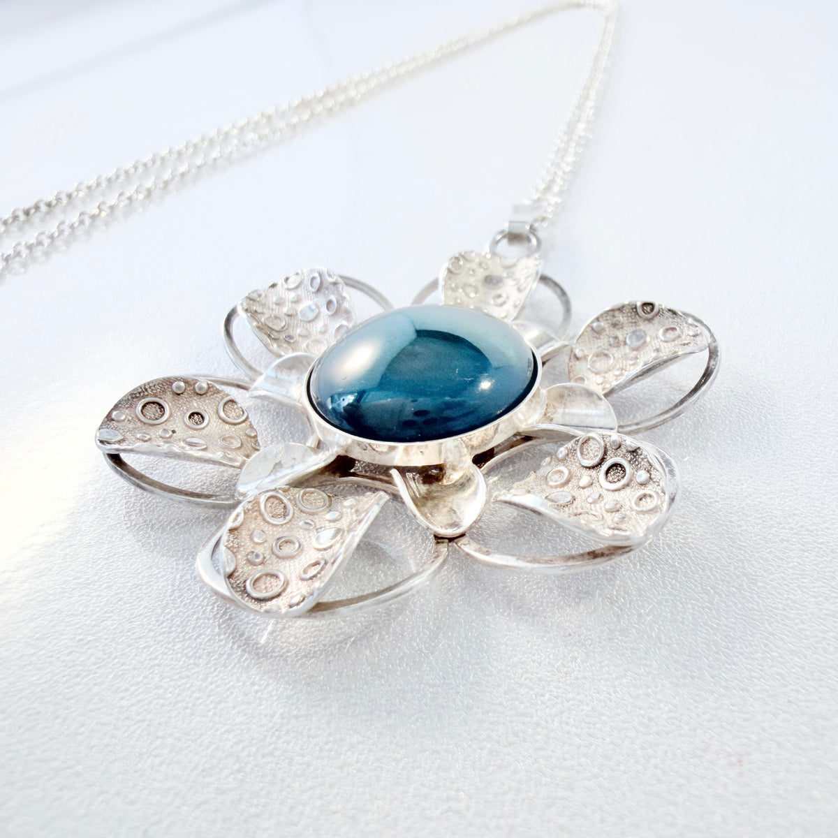 Sweden 1970s. Vintage Solid Silver Bergslagen-stone Pendant Long Chain Necklace.