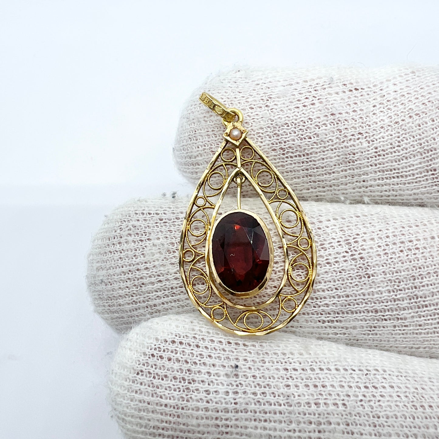 Bernhard Hertz, Sweden c 1910. Antique 18k Gold Garnet Pendant.