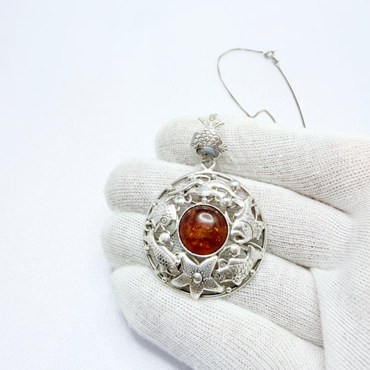 Fischlandschmuck Georg Kramer. Vintage Solid Silver Amber Sea Life Pendant + Chain.