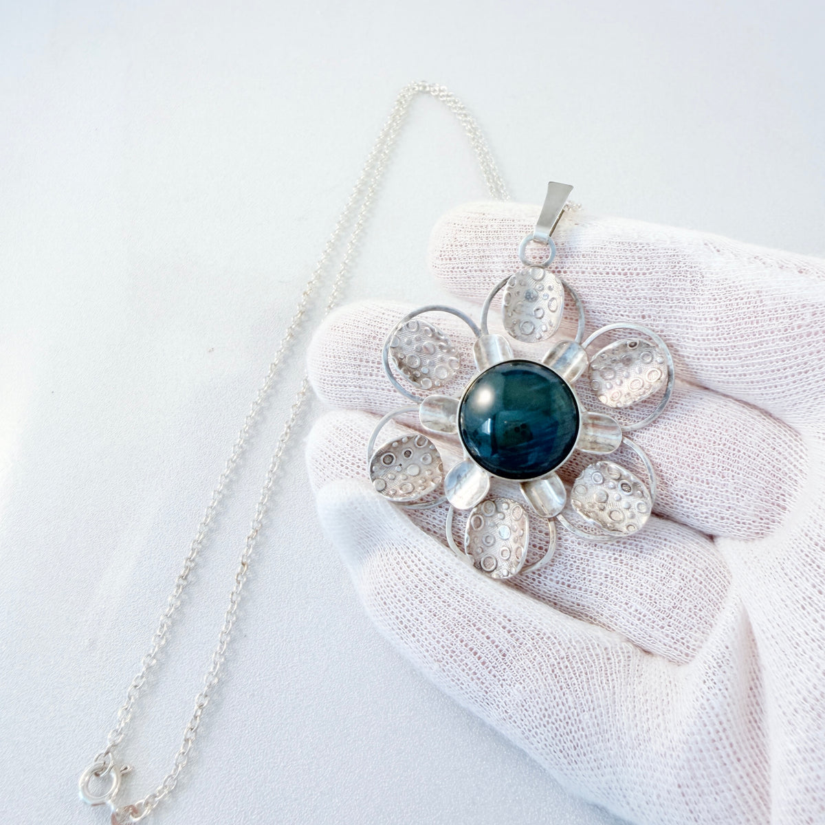 Sweden 1970s. Vintage Solid Silver Bergslagen-stone Pendant Long Chain Necklace.