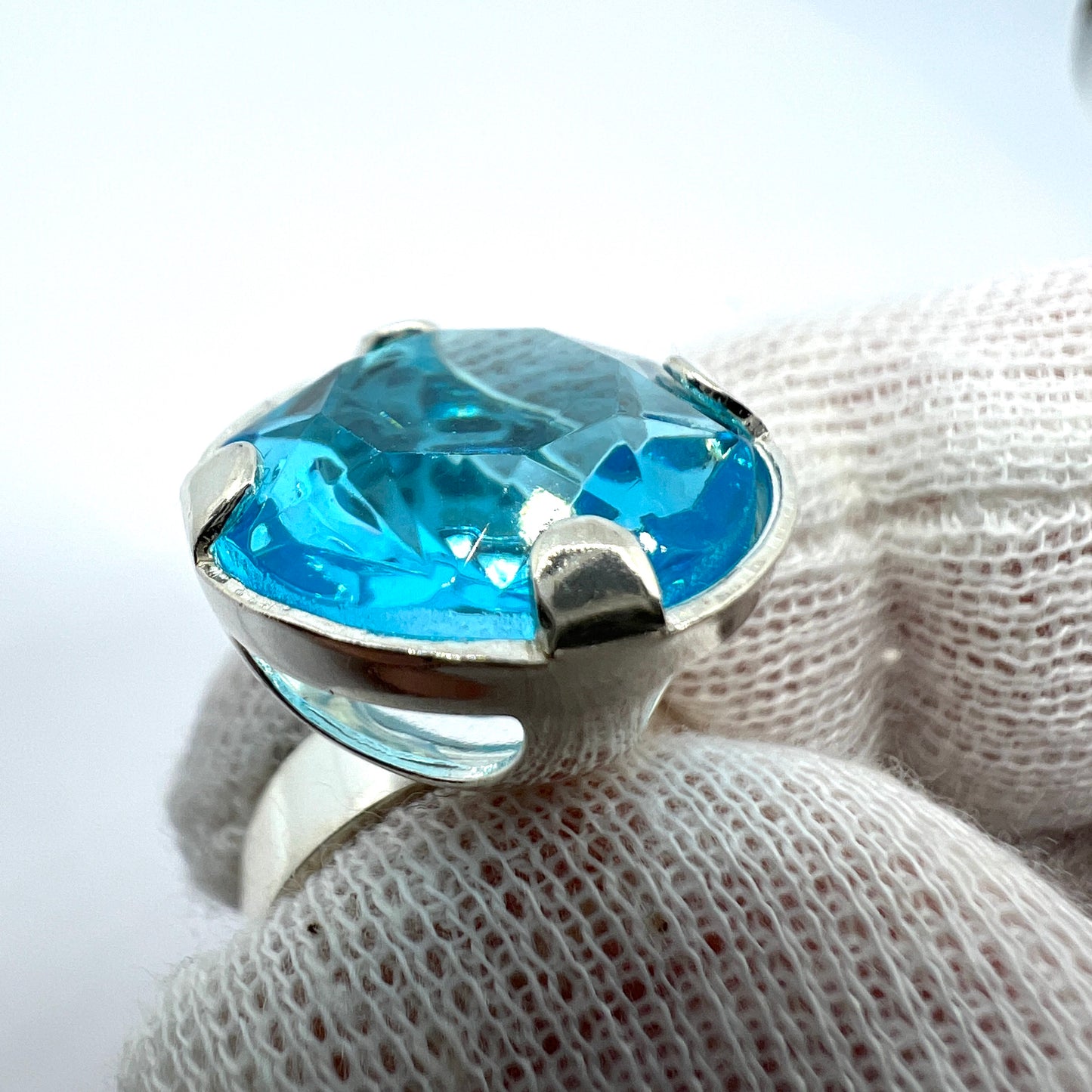 Germany 1960-70s. Solid Silver Intense Blue Glass Ring. New Old Stock. Adjustable, Pick Your Size.