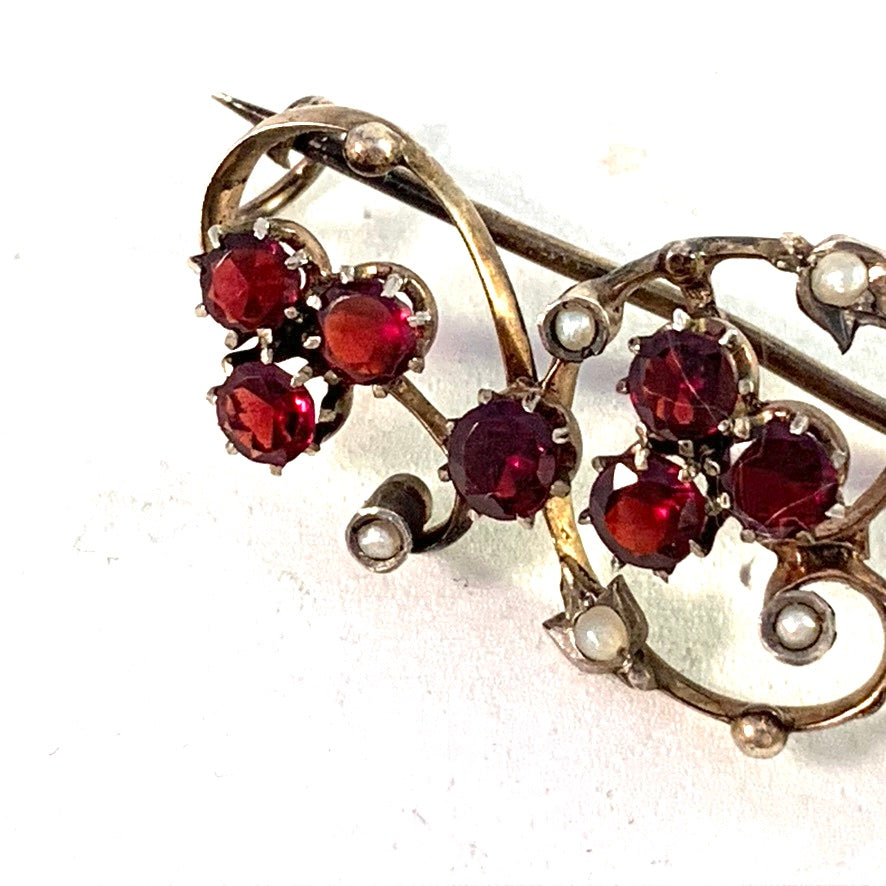 Czechoslovakia, Antique early 1900s Solid Silver Bohemian Garnet Seed Pearl Brooch.