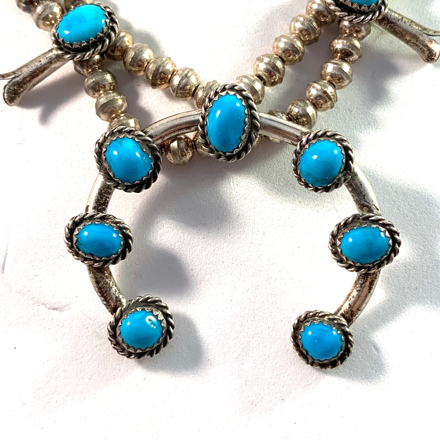 Signed Vintage Navajo Native American Sterling Silver Blue Turquoise Squash Blossom Necklace and Earrings.