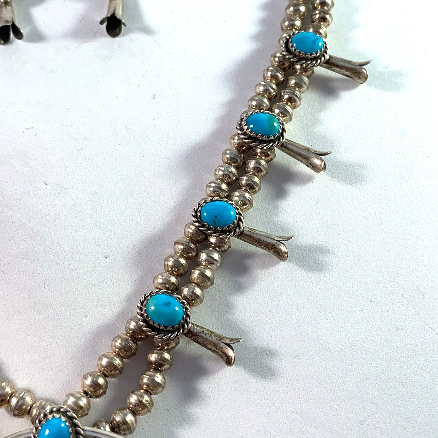 Signed Vintage Navajo Native American Sterling Silver Blue Turquoise Squash Blossom Necklace and Earrings.