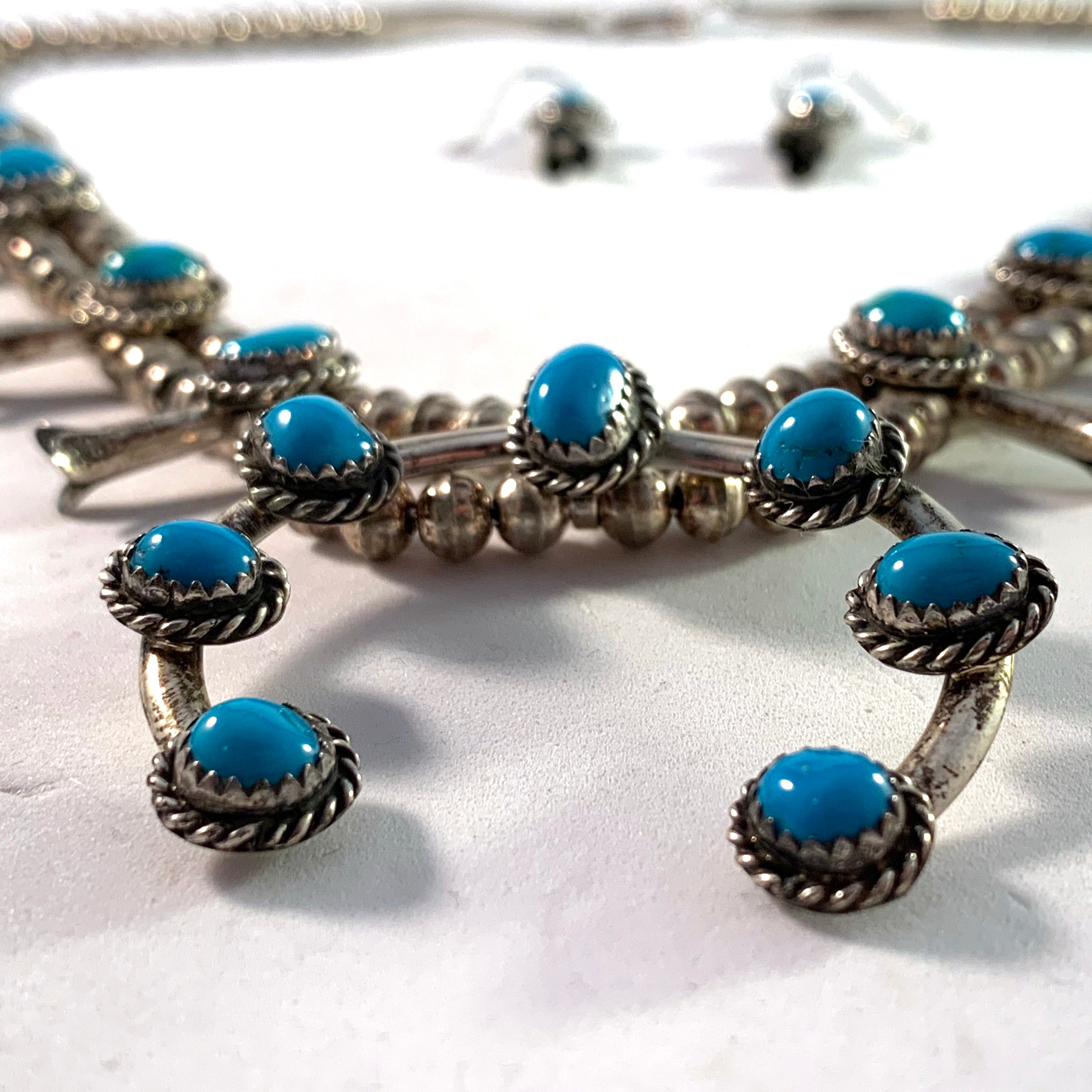 Vintage Navajo Squash Blossom Necklace, Natural Blue Turquoise