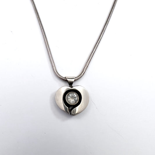 Karl Laine for Finn Feelings, Finland Vintage Sterling Rock Crystal Heart Pendant Necklace.