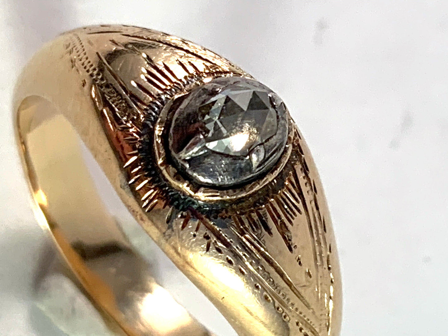 Georgian 18k Gold Closed Back Rose Cut Diamond Men's Ring. Scandinavian Maker's Mark.
