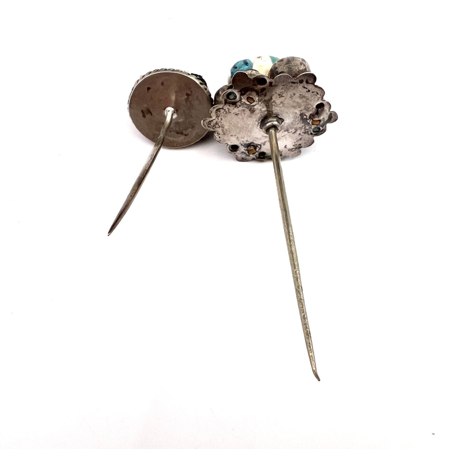 Two Antique Silver Enamel Paste Hat Pins.