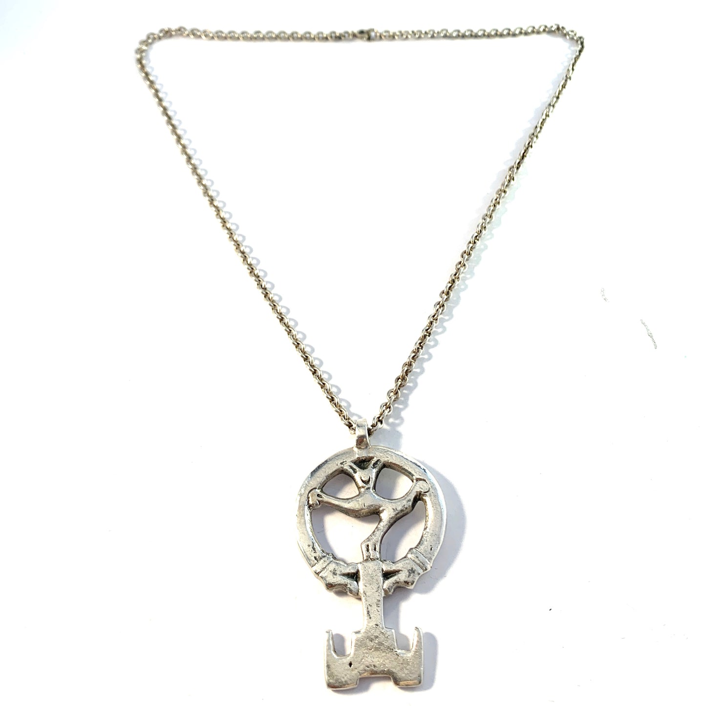 WA Bolin, Sweden 1963. Vintage Chunky Sterling Silver Viking Copy Key To Valhalla Pendant Necklace.