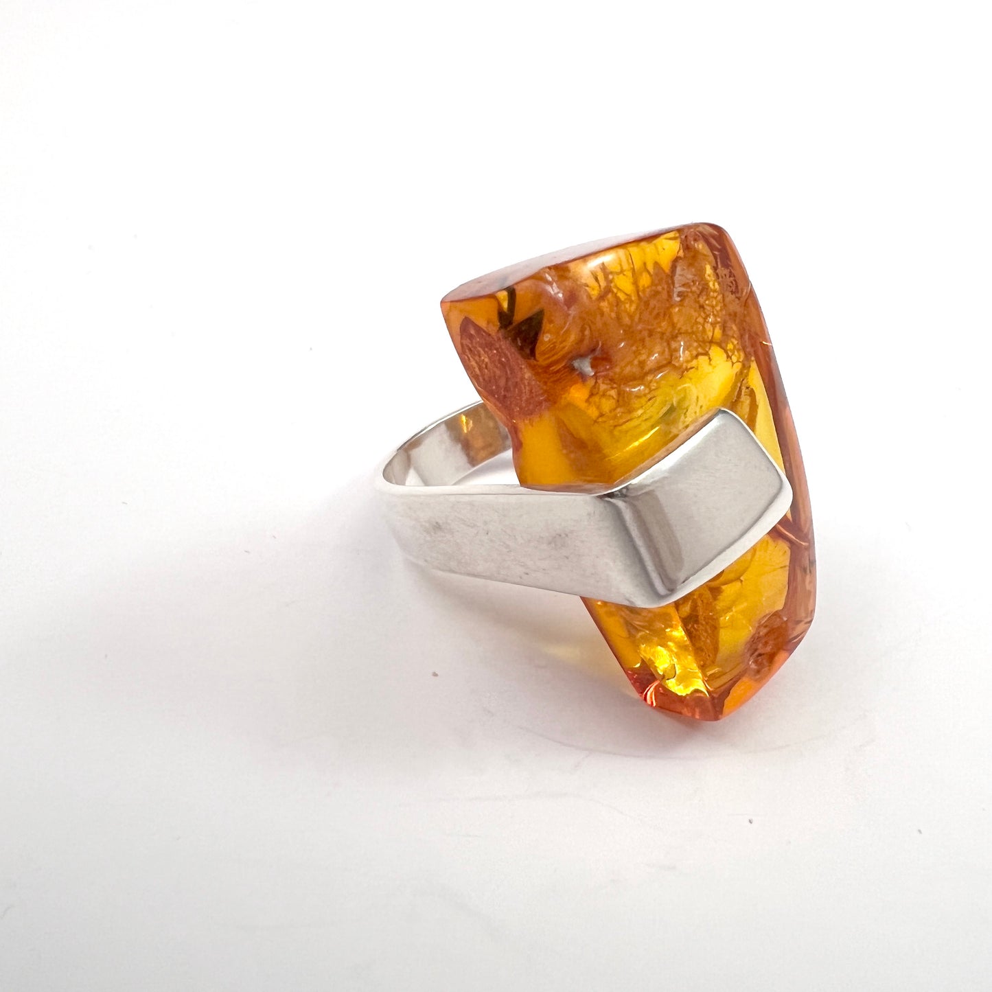 Bold Vintage Sterling Silver Large Amber Ring. Makers' Mark