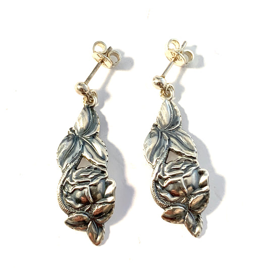 Sweden 1950s. Sterling Silver Rose Flower Dangle Earrings.