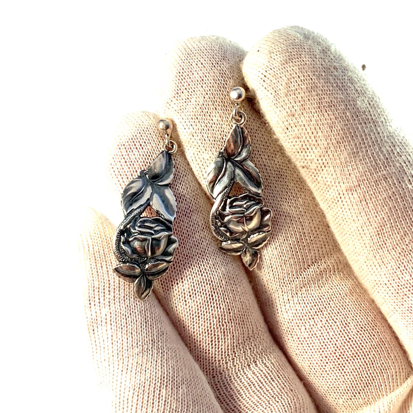 Sweden 1950s. Sterling Silver Rose Flower Dangle Earrings.