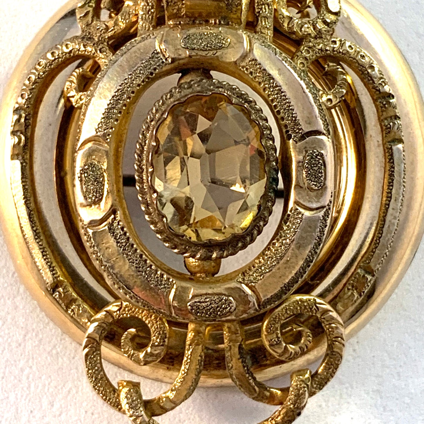Victorian 12k Gold Gilt Metal Citrine Moonstone Brooch. Makers Mark