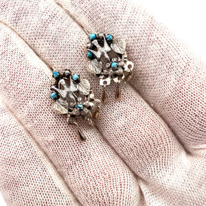 Antique 14k Gold Turquoise Pearl Swallow Earrings.