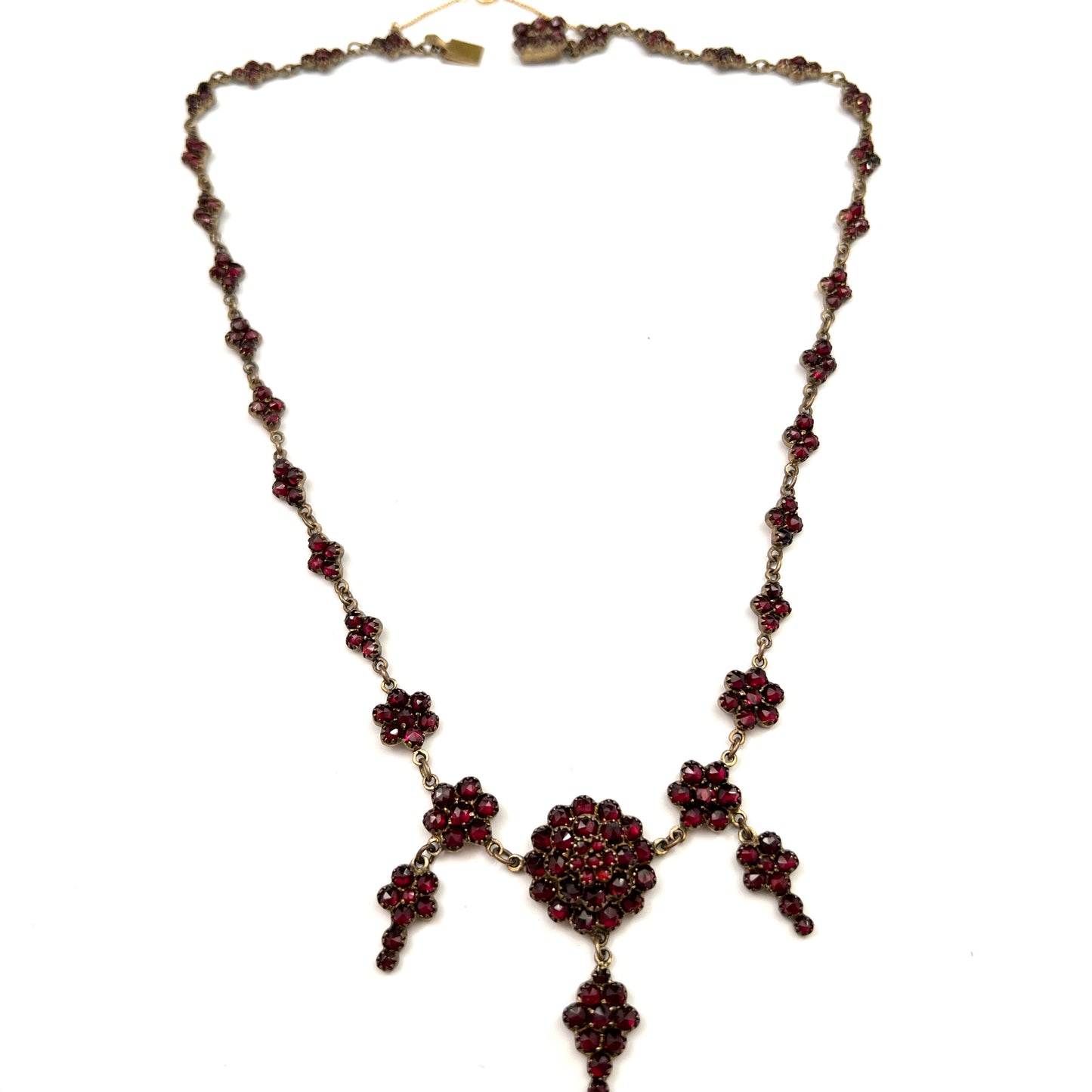 Antique late Victorian Bohemian Garnet Gilt Metal Necklace w 18k Safety Chain