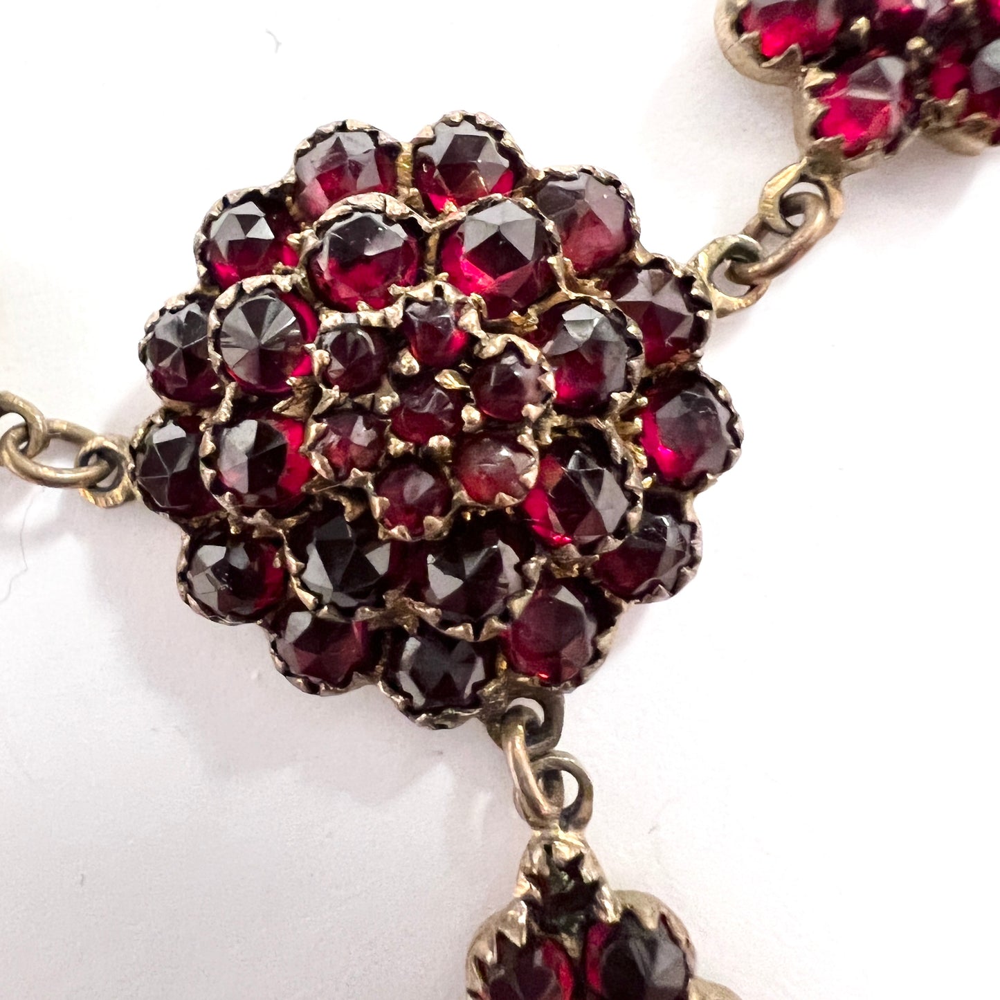 Antique late Victorian Bohemian Garnet Gilt Metal Necklace w 18k Safety Chain