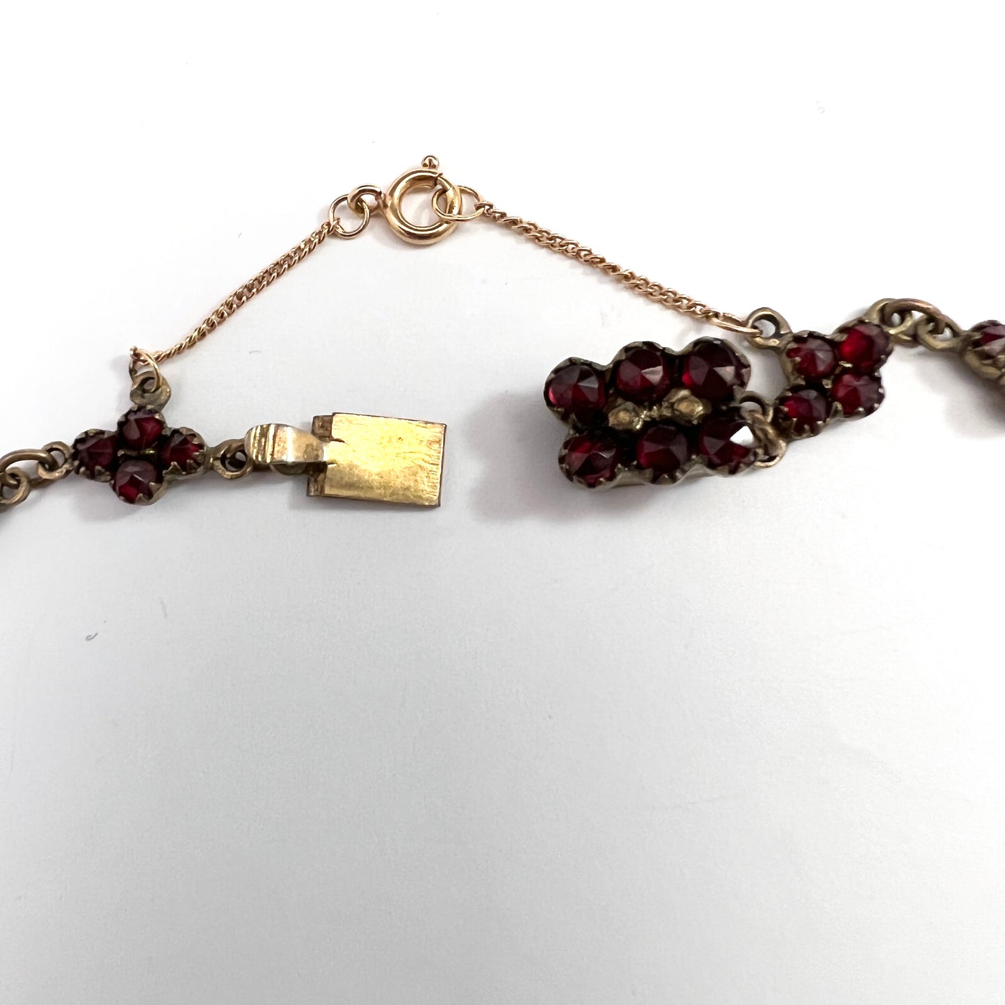 Antique late Victorian Bohemian Garnet Gilt Metal Necklace w 18k Safety Chain